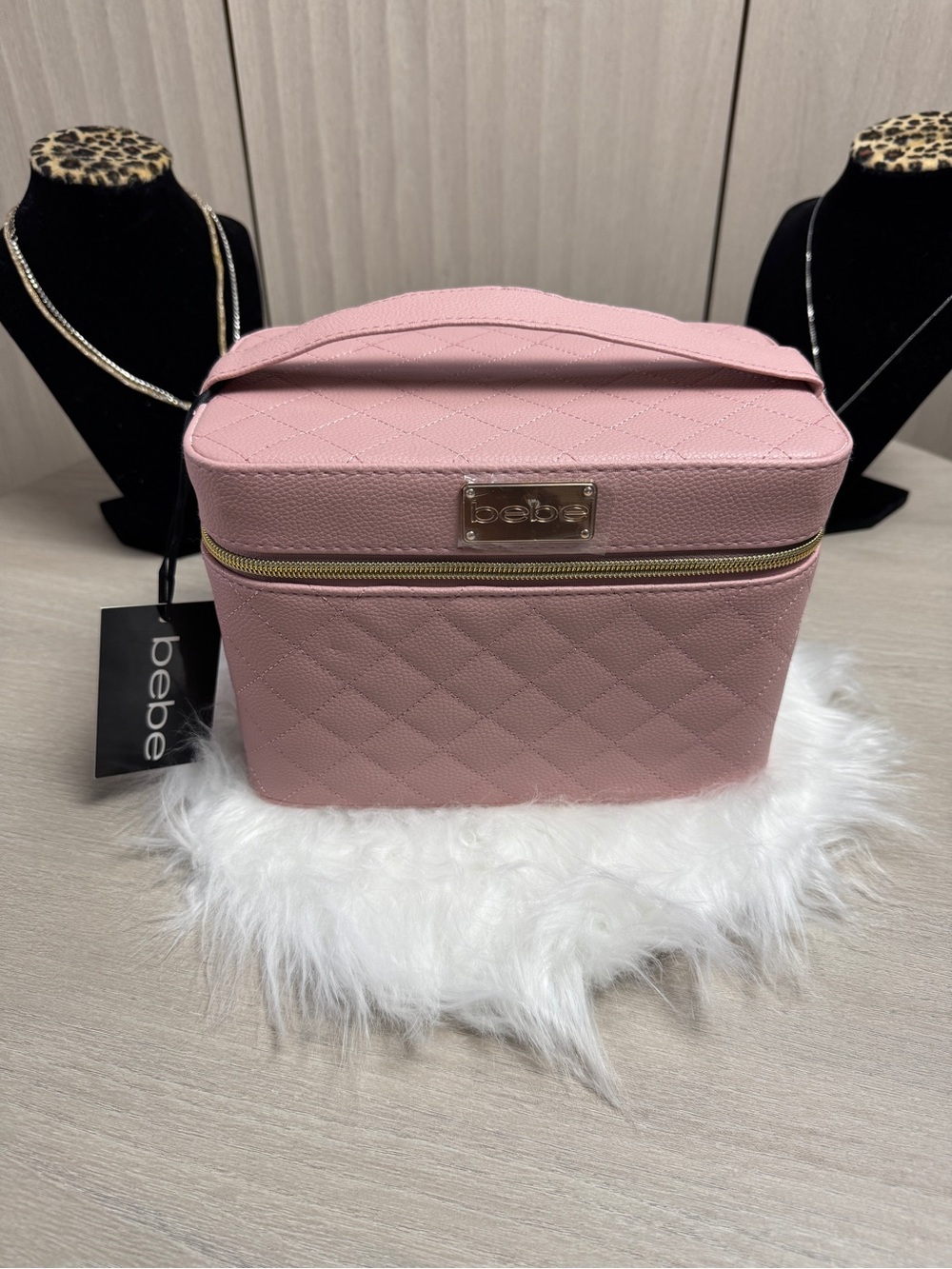 bebe Pink Quilted Cosmetic Train Case with Gold-Tone Accent